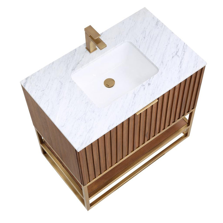 Bemma, Terra 36" Single Vanity, Walnut/Satin Brass, Carrara Marble Top#top-options_carrara-marble-top