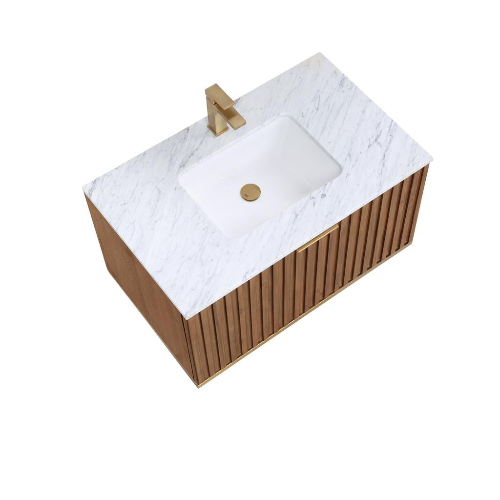 Bemma, Terra 36" Single Floating Vanity, Walnut/Satin Brass, Carrara Marble Top#top-options_carrara-marble-top