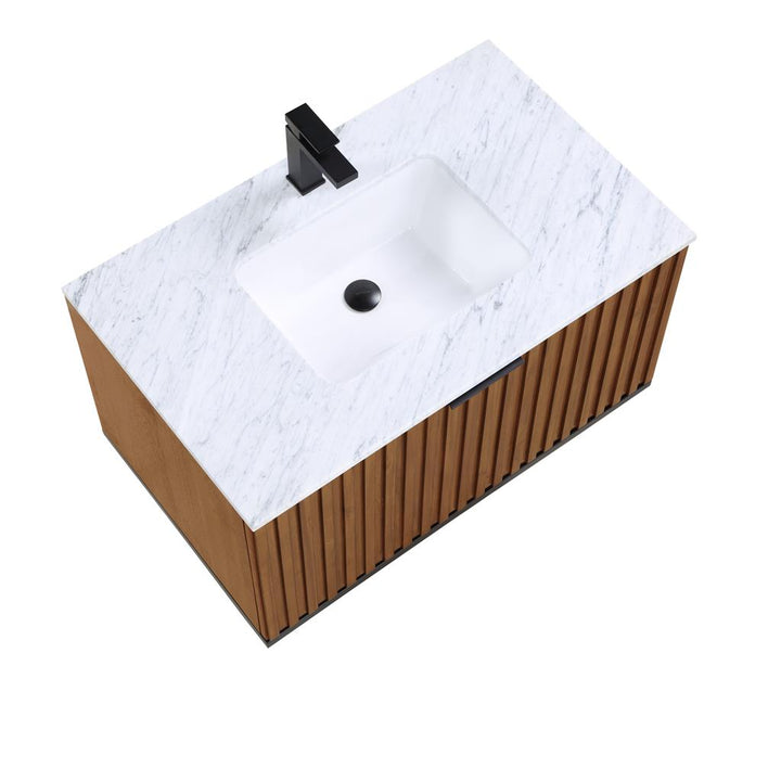 Bemma, Terra 36" Single Floating Vanity, Walnut/Matte Black, Carrara Marble Top#top-options_carrara-marble-top