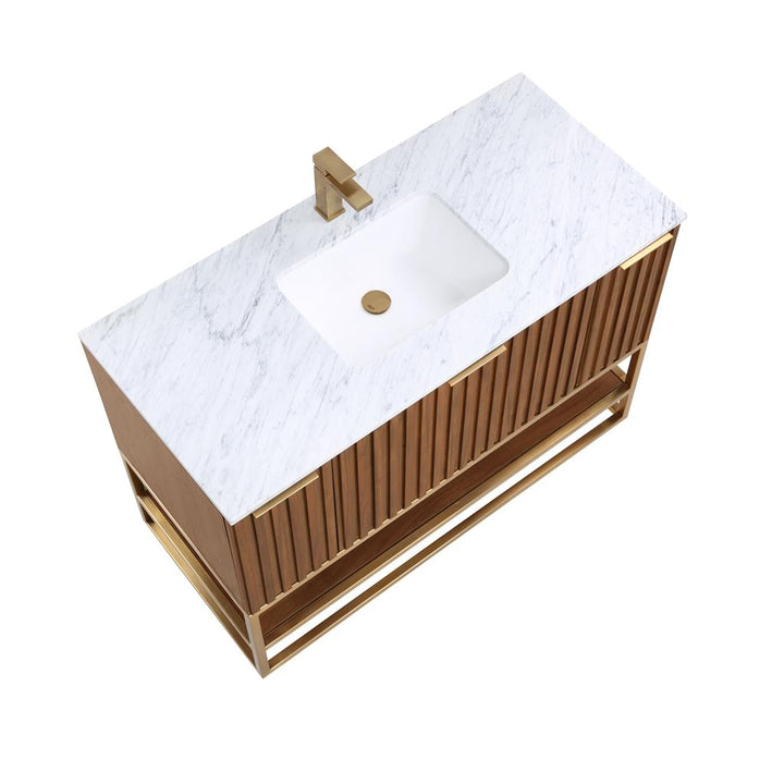 Bemma, Terra 48" Single Vanity, Walnut/Satin Brass, Carrara Marble Top#top-options_carrara-marble-top