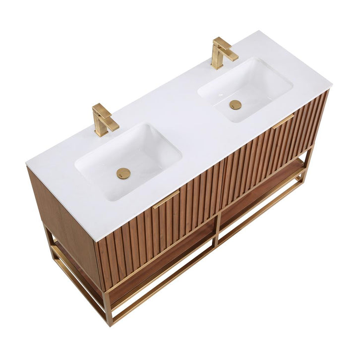 Bemma, Terra 60" Double Vanity, Walnut/Satin Brass, White Quartz Top#top-options_white-quartz-top