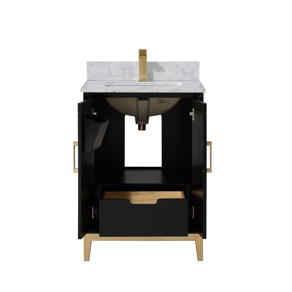 Bemma, Gracie 24" Single Vanity, Midnight Black/Satin Brass, Carrara Marble Top#top-options_carrara-marble-top