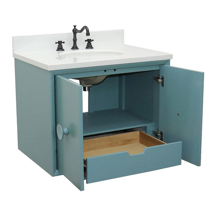 Bellaterra Home, Stora 31" Aqua Blue Wall Mount Vanity, Oval Sink, White Quartz#top-options_white-quartz-top