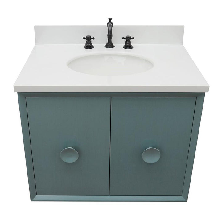 Bellaterra Home, Stora 31" Aqua Blue Wall Mount Vanity, Oval Sink, White Quartz#top-options_white-quartz-top