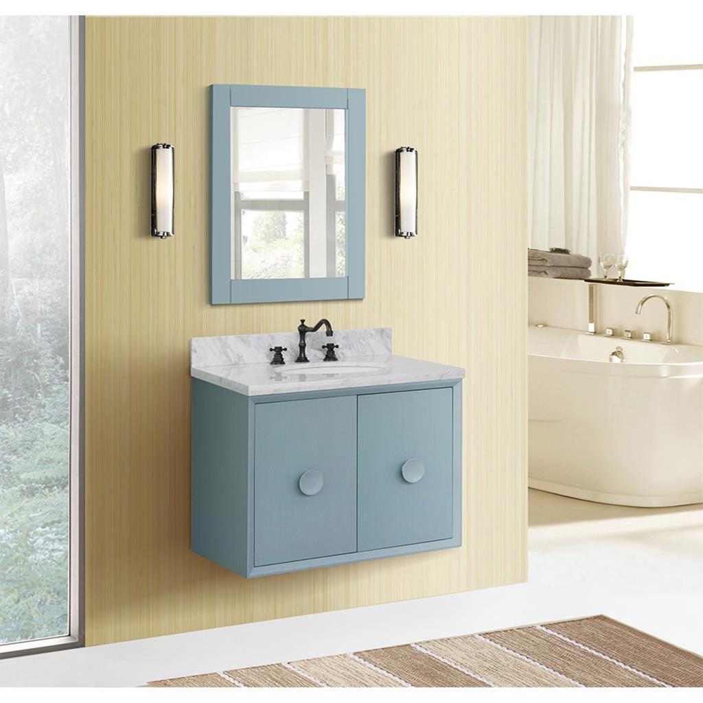 Bellaterra Home, Stora 31" Aqua Blue Wall Mount Vanity, Oval Sink, White Carrara Marble#top-options_white-carrara-marble-top