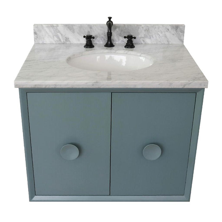 Bellaterra Home, Stora 31" Aqua Blue Wall Mount Vanity, Oval Sink, White Carrara Marble#top-options_white-carrara-marble-top