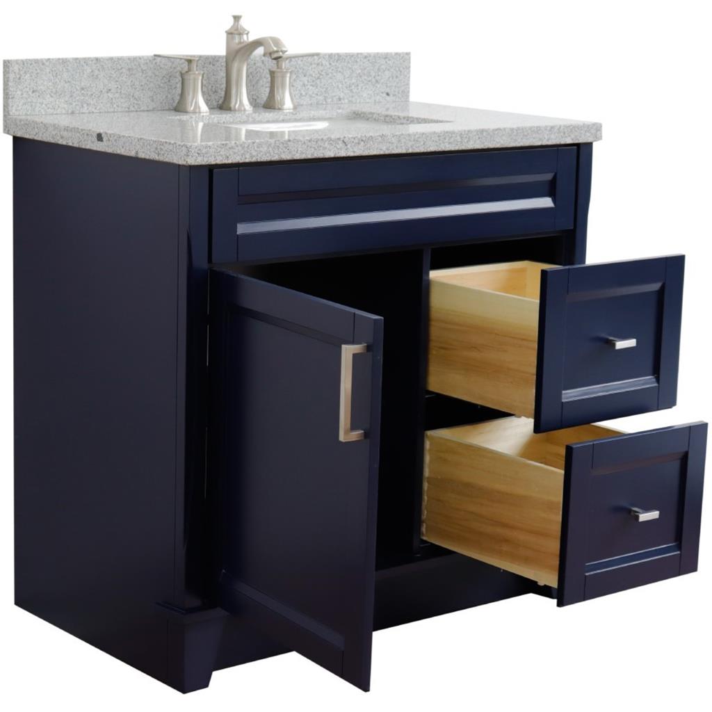 Bellaterra Home, Terni 37" Blue Vanity, Door on Left, Rectangle Sink on Center, Gray Granite#top-options_gray-granite-top