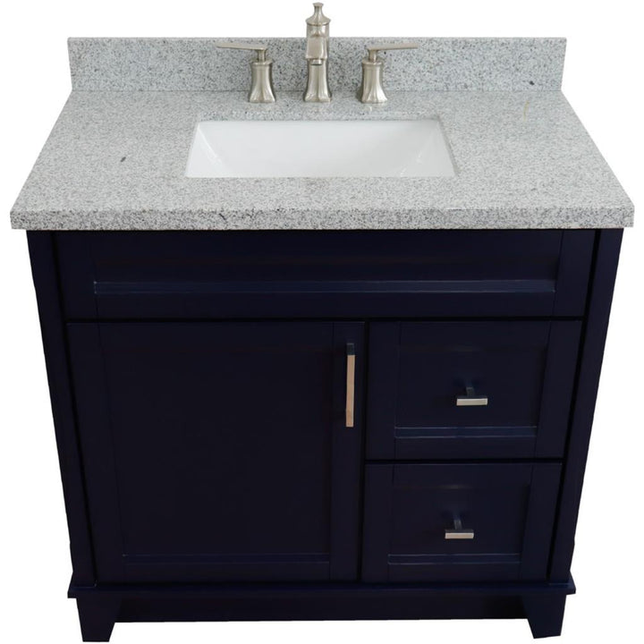 Bellaterra Home, Terni 37" Blue Vanity, Door on Left, Rectangle Sink on Center, Gray Granite#top-options_gray-granite-top