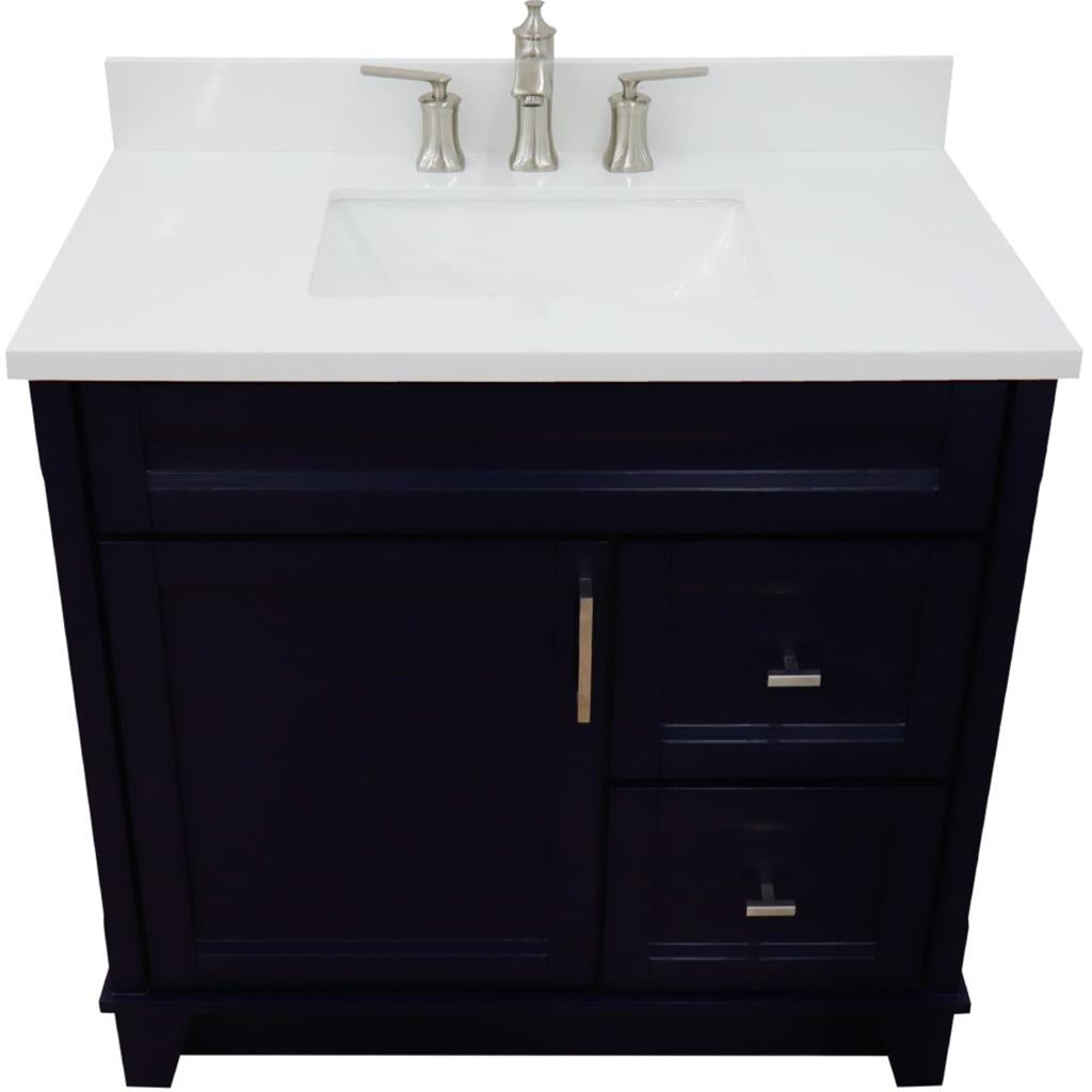 Bellaterra Home, Terni 37" Blue Vanity, Door on Left, Rectangle Sink on Center, White Quartz#top-options_white-quartz-top