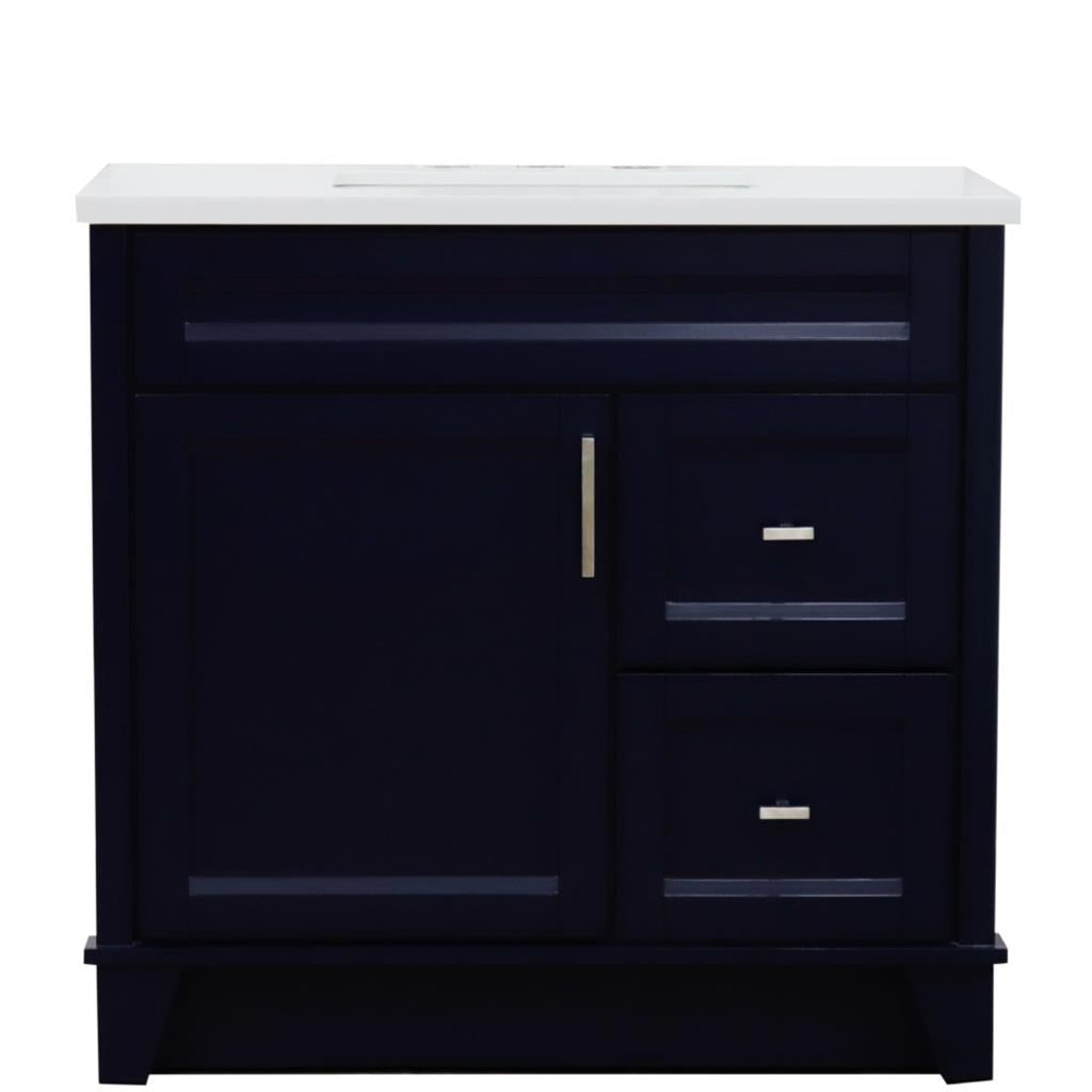 Bellaterra Home, Terni 37" Blue Vanity, Door on Left, Rectangle Sink on Center, White Quartz#top-options_white-quartz-top