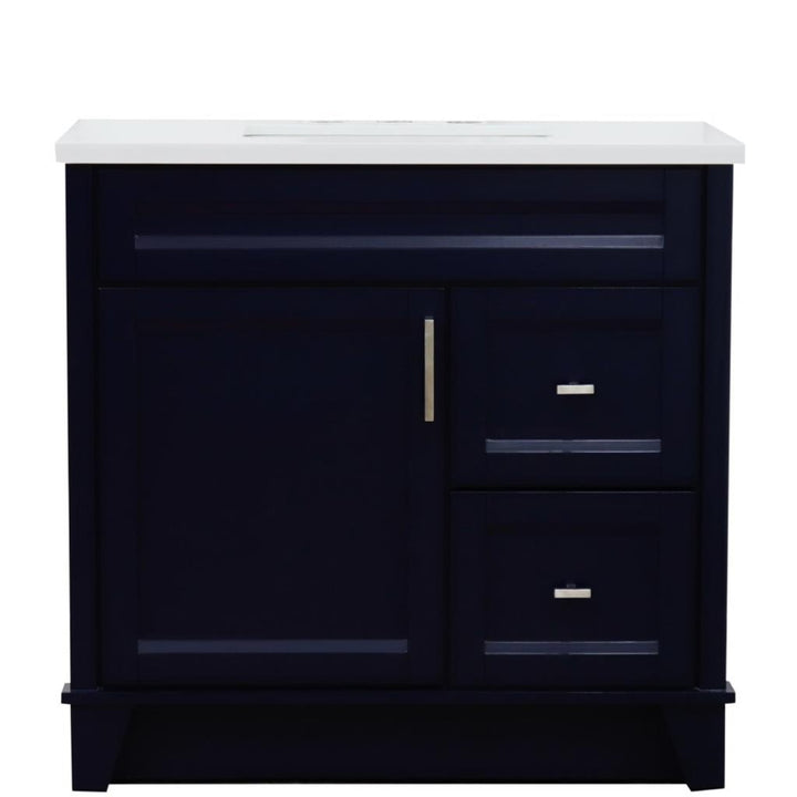 Bellaterra Home, Terni 37" Blue Vanity, Door on Left, Rectangle Sink on Center, White Quartz#top-options_white-quartz-top