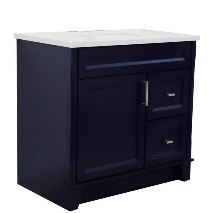 Bellaterra Home, Terni 37" Blue Vanity, Door on Left, Rectangle Sink on Center, White Quartz#top-options_white-quartz-top