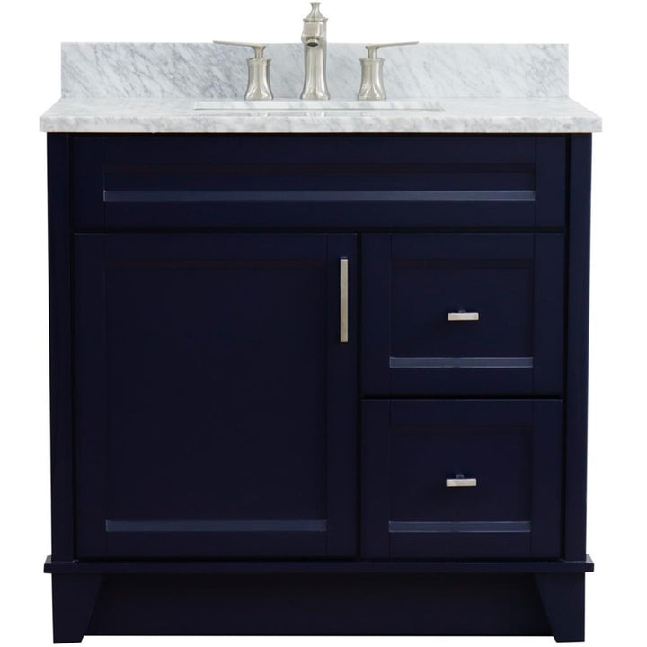 Bellaterra Home, Terni 37" Blue Vanity, Door on Left, Rectangle Sink on Center, White Carrara Marble#top-options_white-carrara-marble-top