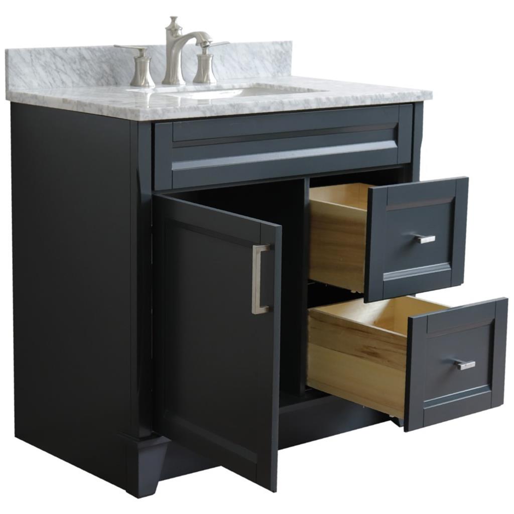 Bellaterra Home, Terni 37" Dark Gray Vanity, Door on Left, Rectangle Sink on Center, White Carrara Marble#top-options_white-carrara-marble-top