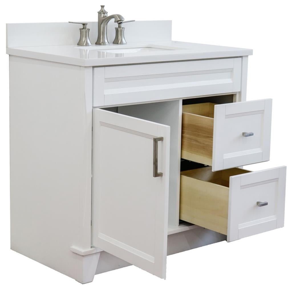 Bellaterra Home, Terni 37" White Vanity, Door on Left, Rectangle Sink on Center, White Quartz#top-options_white-quartz-top