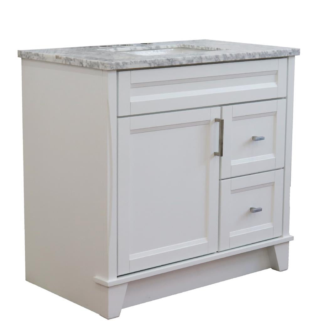 Bellaterra Home, Terni 37" White Vanity, Door on Left, Rectangle Sink on Center, White Carrara Marble#top-options_white-carrara-marble-top