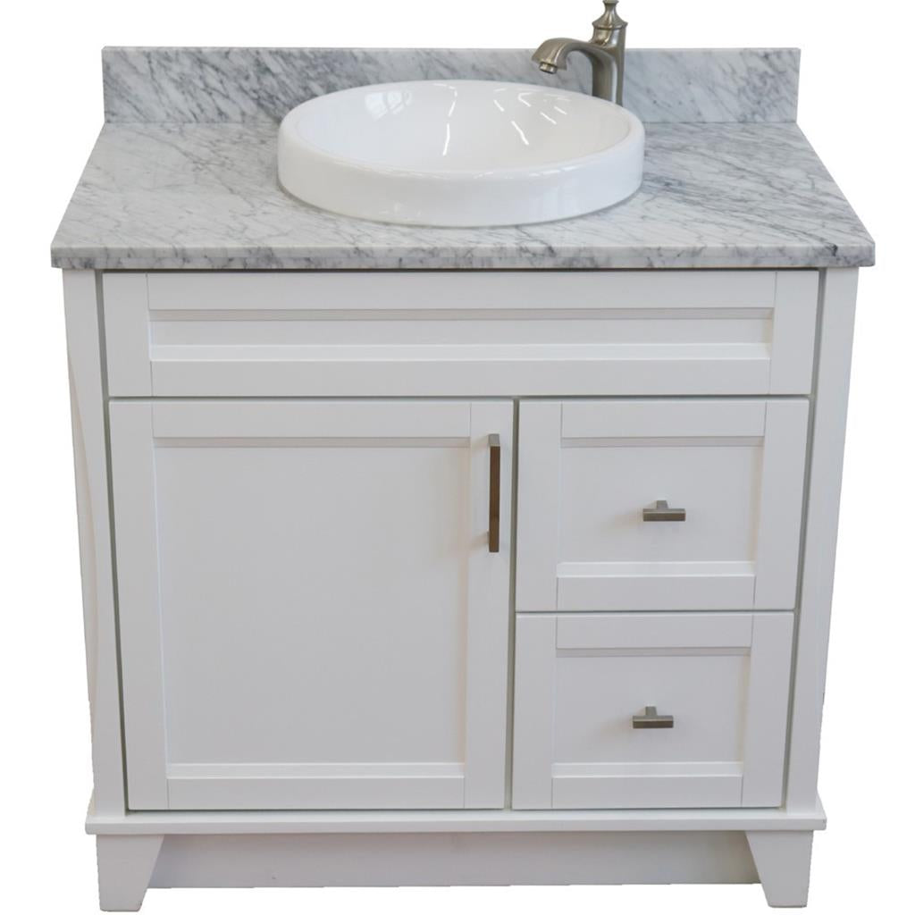 Bellaterra Home, Terni 37" White Vanity, Door on Left, Round Sink on Center, White Carrara Marble#top-options_white-carrara-marble-top