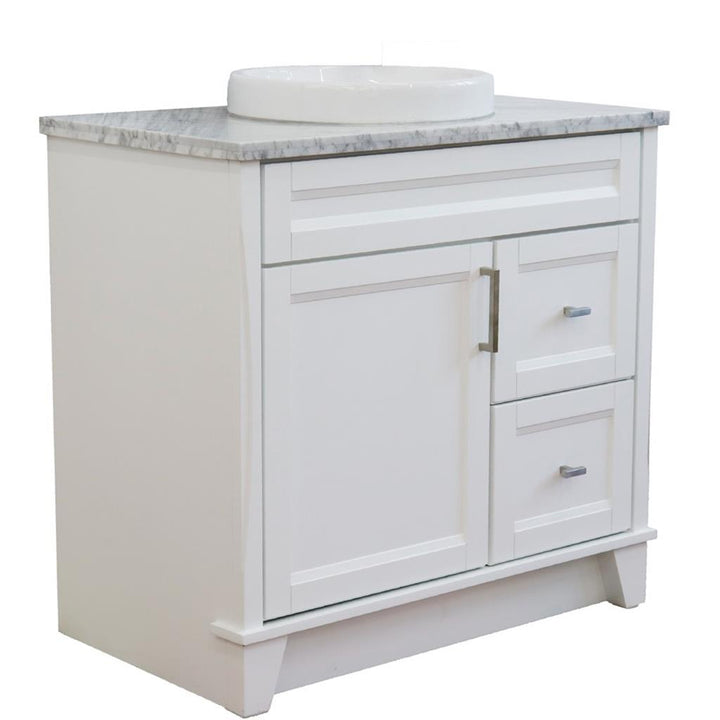 Bellaterra Home, Terni 37" White Vanity, Door on Left, Round Sink on Center, White Carrara Marble#top-options_white-carrara-marble-top