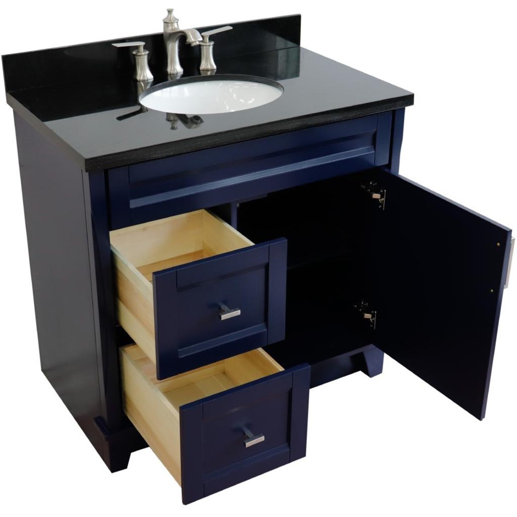 Bellaterra Home, Terni 37" Blue Vanity, Door on Right, Oval Sink on Center, Black Galaxy Granite#top-options_black-galaxy-granite-top