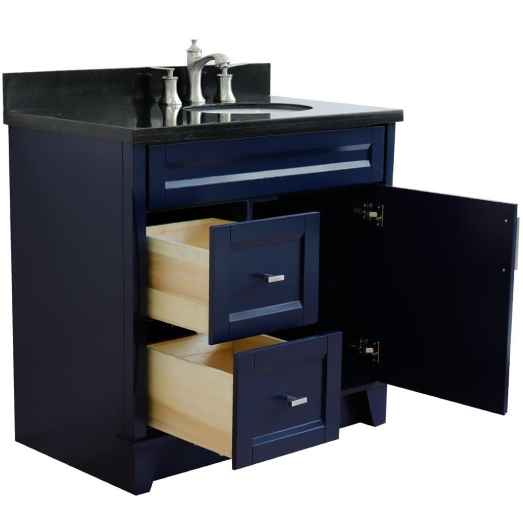 Bellaterra Home, Terni 37" Blue Vanity, Door on Right, Oval Sink on Right, Black Galaxy Granite#top-options_black-galaxy-granite-top