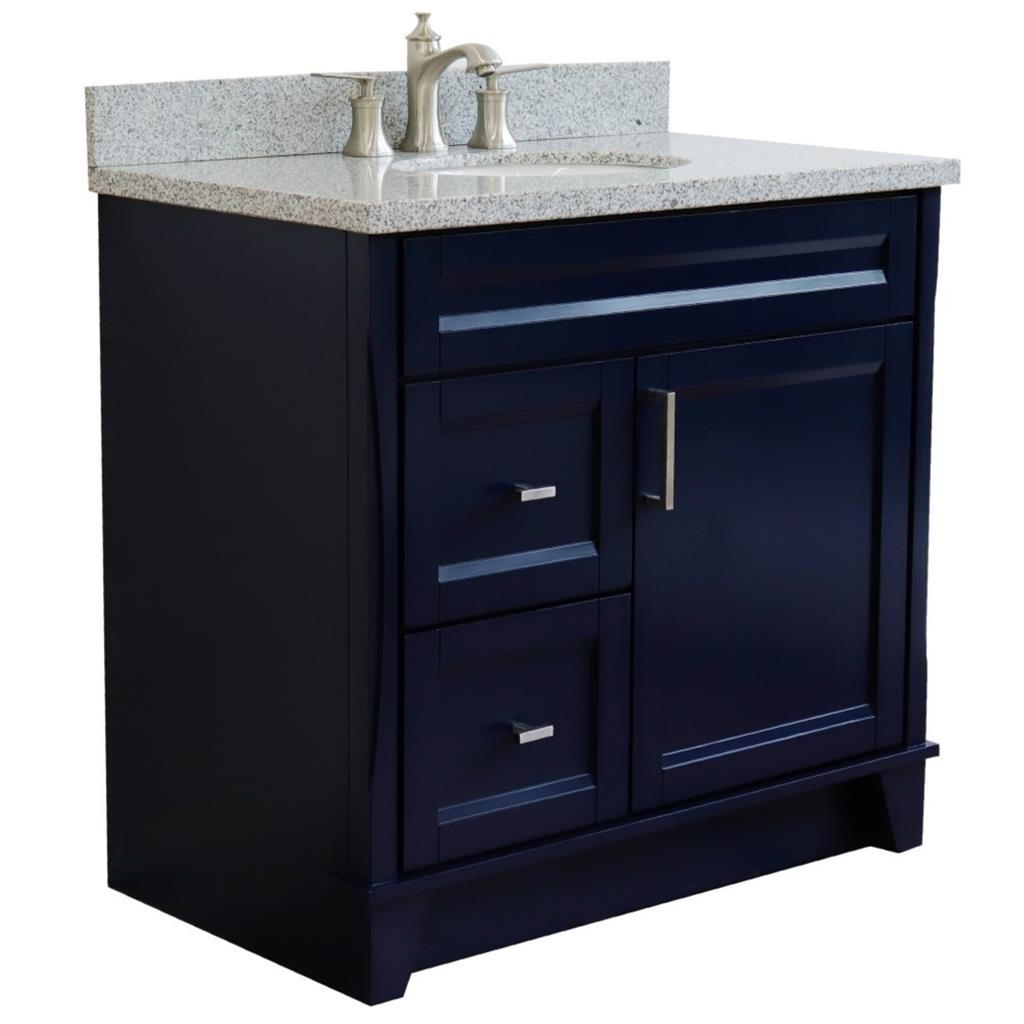 Bellaterra Home, Terni 37" Blue Vanity, Door on Right, Oval Sink on Center, Gray Granite#top-options_gray-granite-top