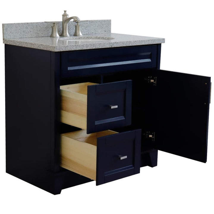Bellaterra Home, Terni 37" Blue Vanity, Door on Right, Oval Sink on Center, Gray Granite#top-options_gray-granite-top