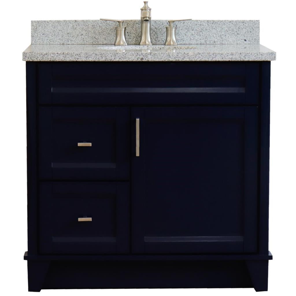 Bellaterra Home, Terni 37" Blue Vanity, Door on Right, Oval Sink on Center, Gray Granite#top-options_gray-granite-top