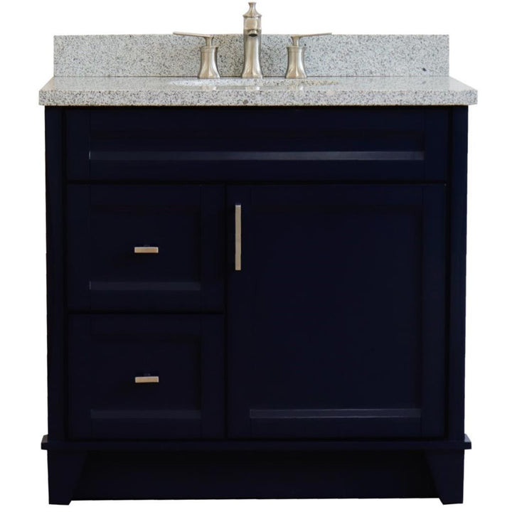 Bellaterra Home, Terni 37" Blue Vanity, Door on Right, Oval Sink on Center, Gray Granite#top-options_gray-granite-top