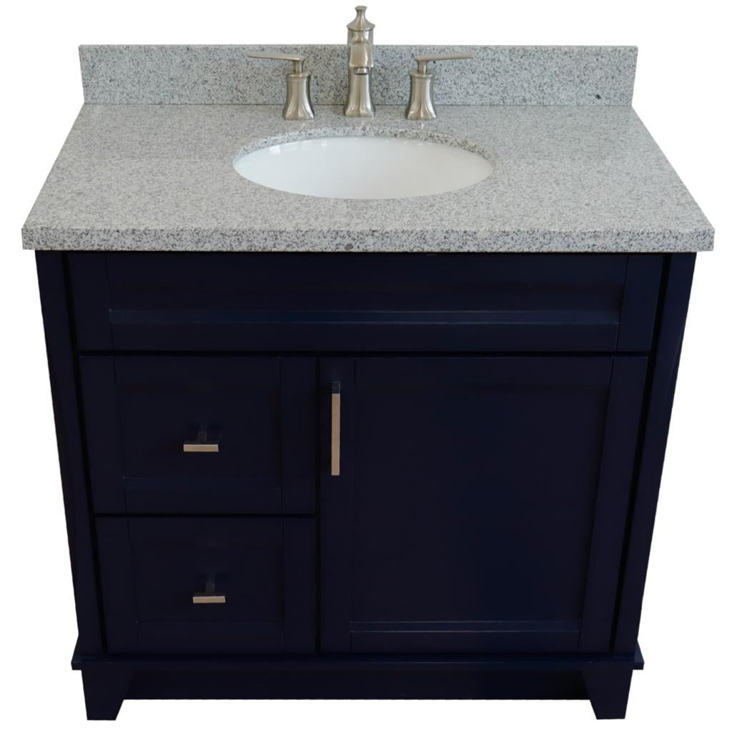 Bellaterra Home, Terni 37" Blue Vanity, Door on Right, Oval Sink on Center, Gray Granite#top-options_gray-granite-top