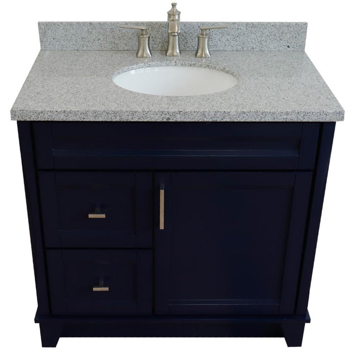 Bellaterra Home, Terni 37" Blue Vanity, Door on Right, Oval Sink on Center, Gray Granite#top-options_gray-granite-top