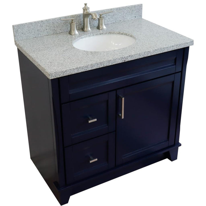 Bellaterra Home, Terni 37" Blue Vanity, Door on Right, Oval Sink on Center, Gray Granite#top-options_gray-granite-top