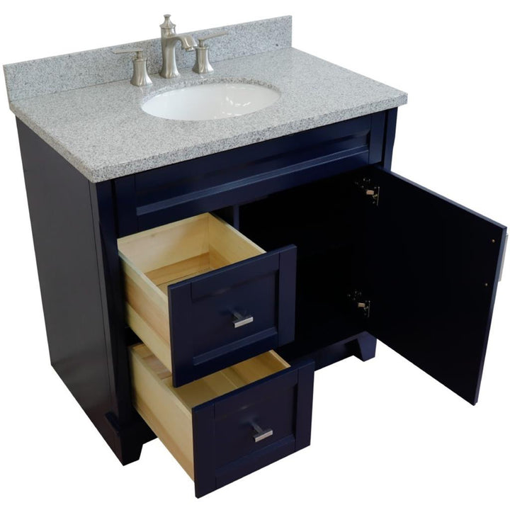 Bellaterra Home, Terni 37" Blue Vanity, Door on Right, Oval Sink on Center, Gray Granite#top-options_gray-granite-top