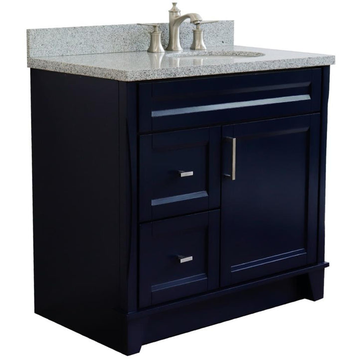 Bellaterra Home, Terni 37" Blue Vanity, Door on Right, Oval Sink on Right, Gray Granite#top-options_gray-granite-top
