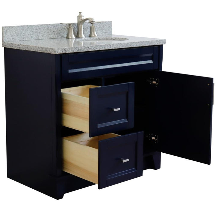 Bellaterra Home, Terni 37" Blue Vanity, Door on Right, Oval Sink on Right, Gray Granite#top-options_gray-granite-top