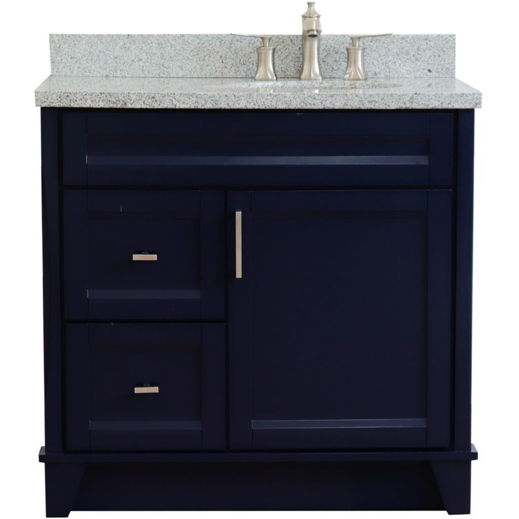 Bellaterra Home, Terni 37" Blue Vanity, Door on Right, Oval Sink on Right, Gray Granite#top-options_gray-granite-top