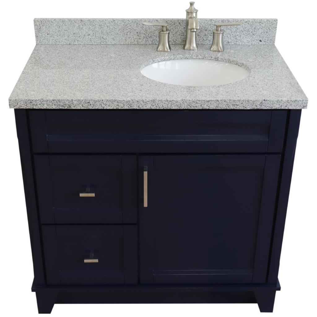 Bellaterra Home, Terni 37" Blue Vanity, Door on Right, Oval Sink on Right, Gray Granite#top-options_gray-granite-top