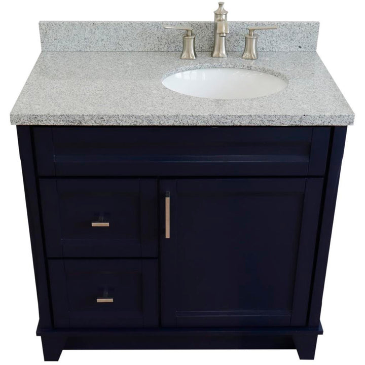 Bellaterra Home, Terni 37" Blue Vanity, Door on Right, Oval Sink on Right, Gray Granite#top-options_gray-granite-top