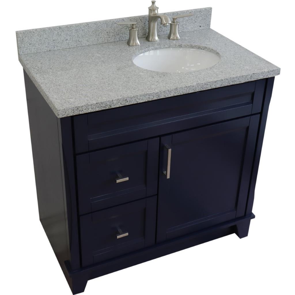 Bellaterra Home, Terni 37" Blue Vanity, Door on Right, Oval Sink on Right, Gray Granite#top-options_gray-granite-top