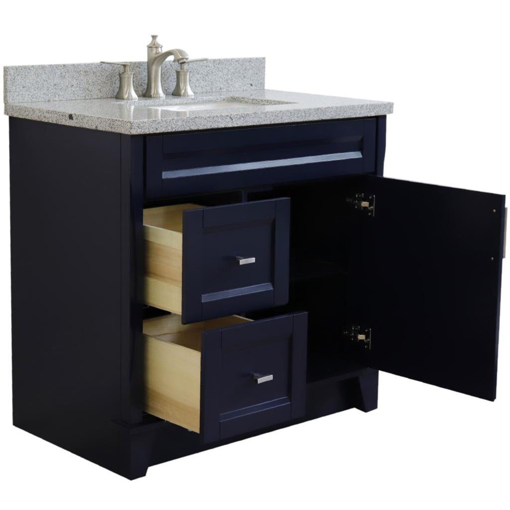 Bellaterra Home, Terni 37" Blue Vanity, Door on Right, Rectangle Sink on Center, Gray Granite#top-options_gray-granite-top