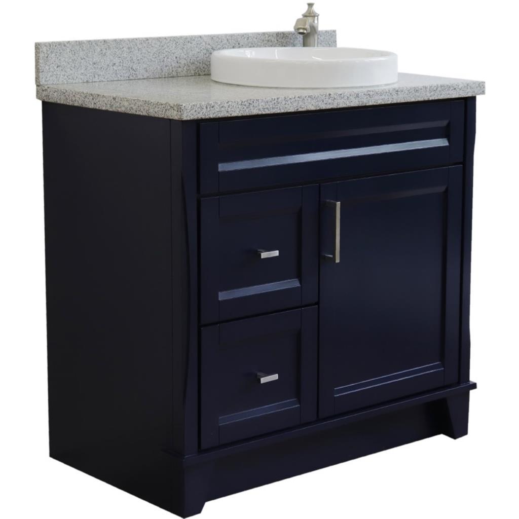 Bellaterra Home, Terni 37" Blue Vanity, Door on Right, Round Sink on Right, Gray Granite#top-options_gray-granite-top