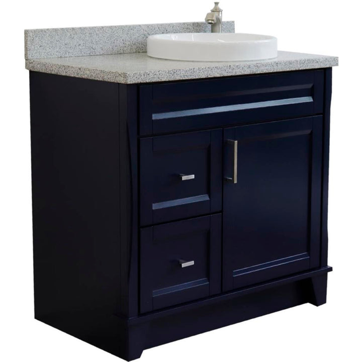 Bellaterra Home, Terni 37" Blue Vanity, Door on Right, Round Sink on Right, Gray Granite#top-options_gray-granite-top