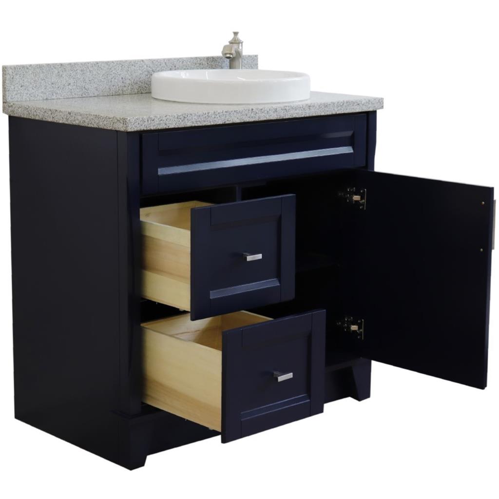 Bellaterra Home, Terni 37" Blue Vanity, Door on Right, Round Sink on Right, Gray Granite#top-options_gray-granite-top