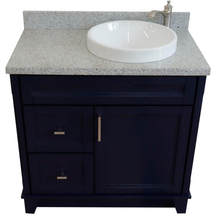 Bellaterra Home, Terni 37" Blue Vanity, Door on Right, Round Sink on Right, Gray Granite#top-options_gray-granite-top