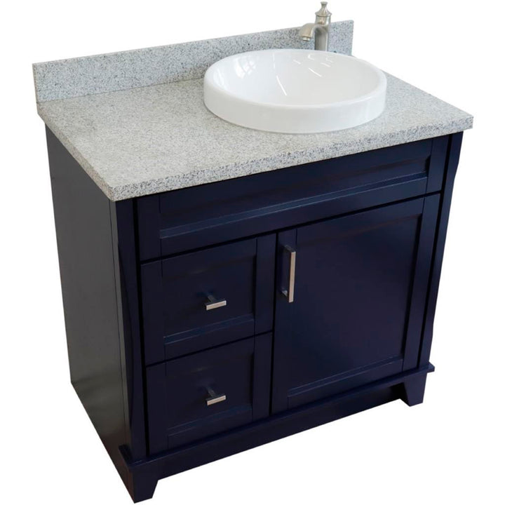 Bellaterra Home, Terni 37" Blue Vanity, Door on Right, Round Sink on Right, Gray Granite#top-options_gray-granite-top
