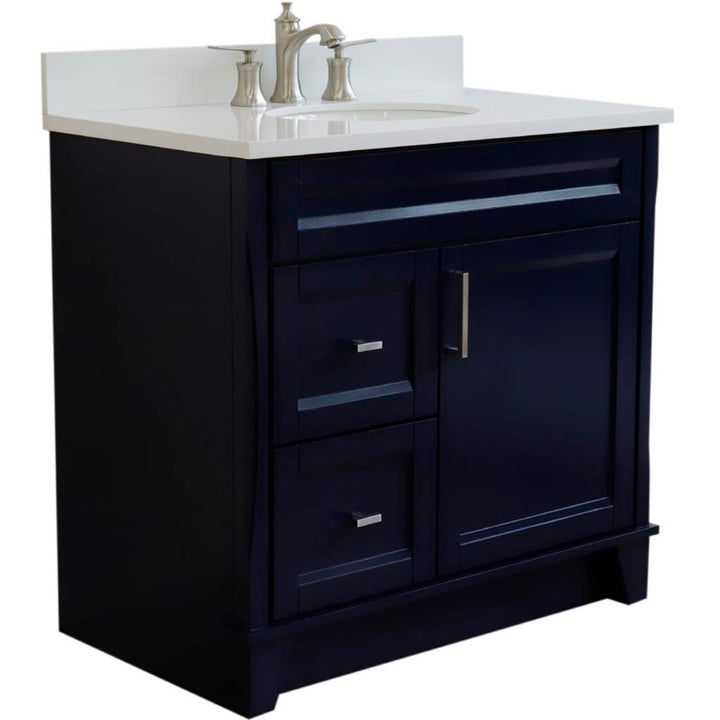 Bellaterra Home, Terni 37" Blue Vanity, Door on Right, Oval Sink on Center, White Quartz#top-options_white-quartz-top