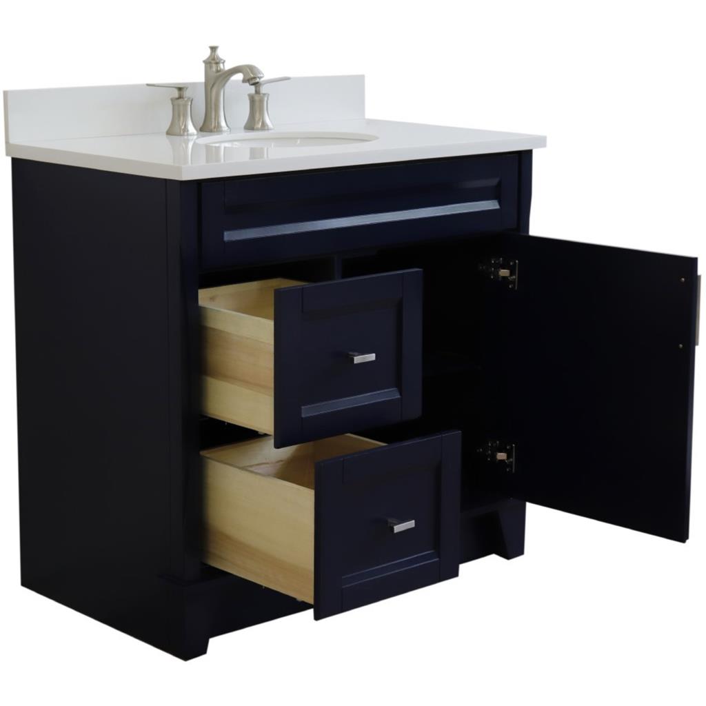 Bellaterra Home, Terni 37" Blue Vanity, Door on Right, Oval Sink on Center, White Quartz#top-options_white-quartz-top