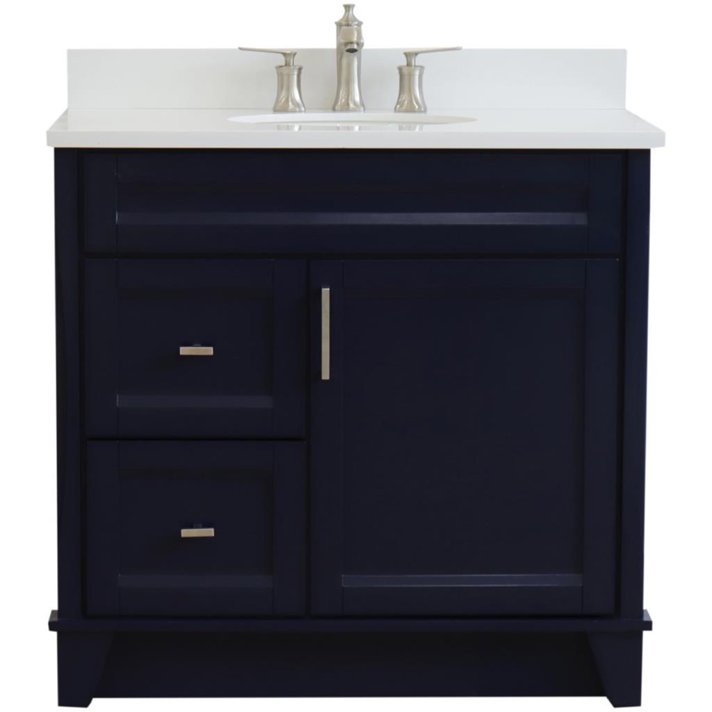 Bellaterra Home, Terni 37" Blue Vanity, Door on Right, Oval Sink on Center, White Quartz#top-options_white-quartz-top