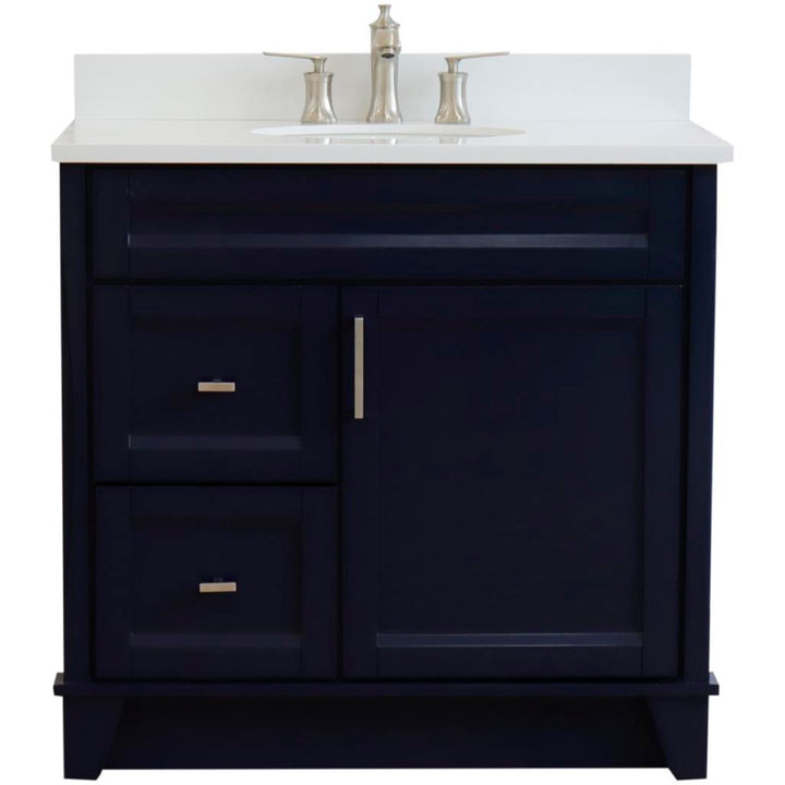 Bellaterra Home, Terni 37" Blue Vanity, Door on Right, Oval Sink on Center, White Quartz#top-options_white-quartz-top