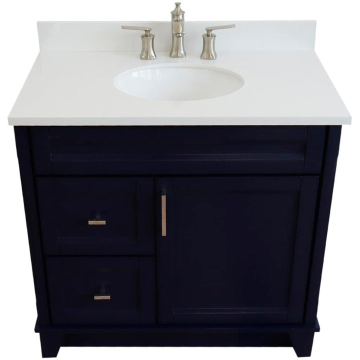 Bellaterra Home, Terni 37" Blue Vanity, Door on Right, Oval Sink on Center, White Quartz#top-options_white-quartz-top