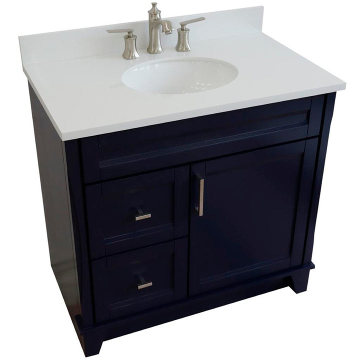 Bellaterra Home, Terni 37" Blue Vanity, Door on Right, Oval Sink on Center, White Quartz#top-options_white-quartz-top